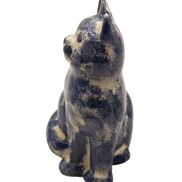 Vintage 80s Patchwork Ceramic Cat Figurine Blue Glossy Collectible 9" Hand Paint - Picture 5 of 12